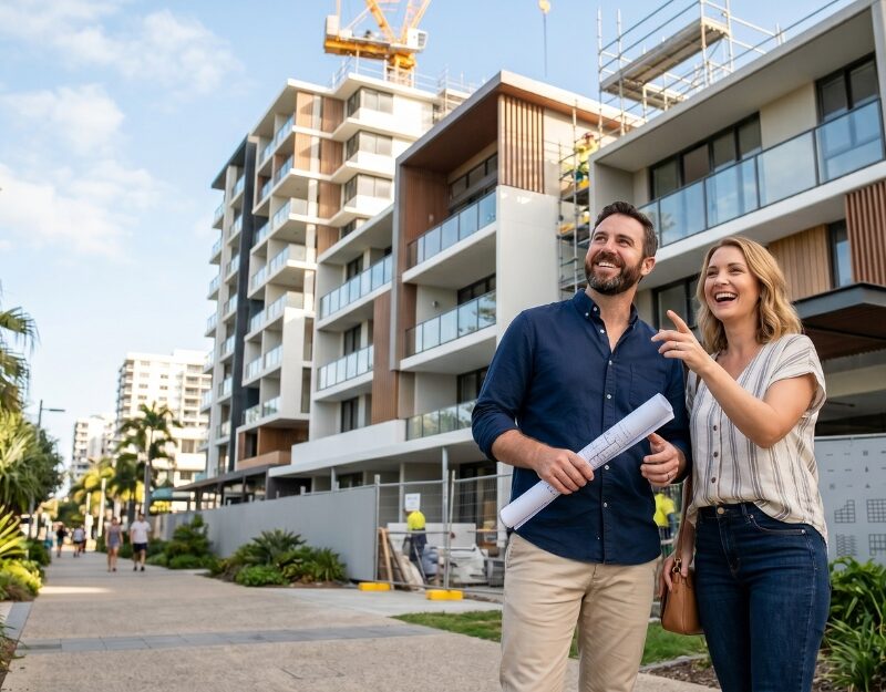 Couple holding plans and looking up at a new Queensland apartment development under construction