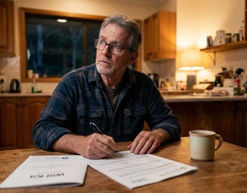 Man filling out a DIY will kit at his kitchen table, illustrating the risks of DIY will Queensland
