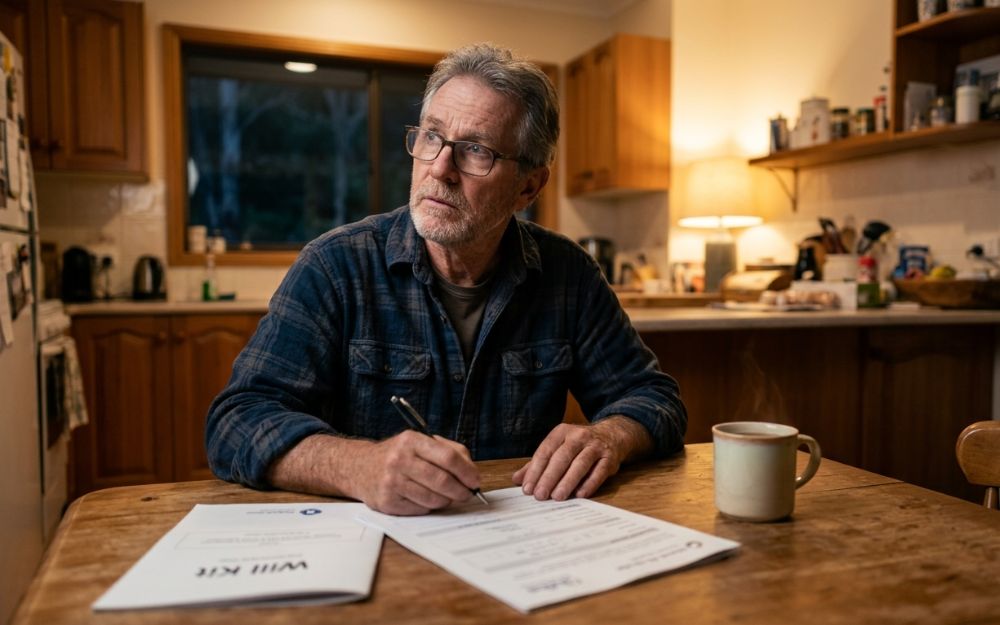 Man filling out a DIY will kit at his kitchen table, illustrating the risks of DIY will Queensland