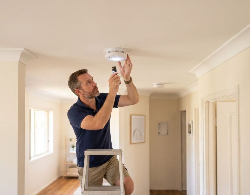 Homeowner checking a smoke alarm in his hallway, illustrating compliance to Queensland's 2027 smoke alarm deadline