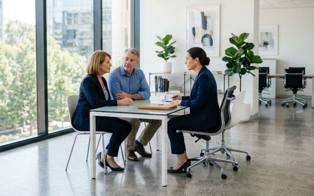Couple learning from their solicitor that a spouse can't automatically act on their behalf, illustrating power of attorney Queensland myths