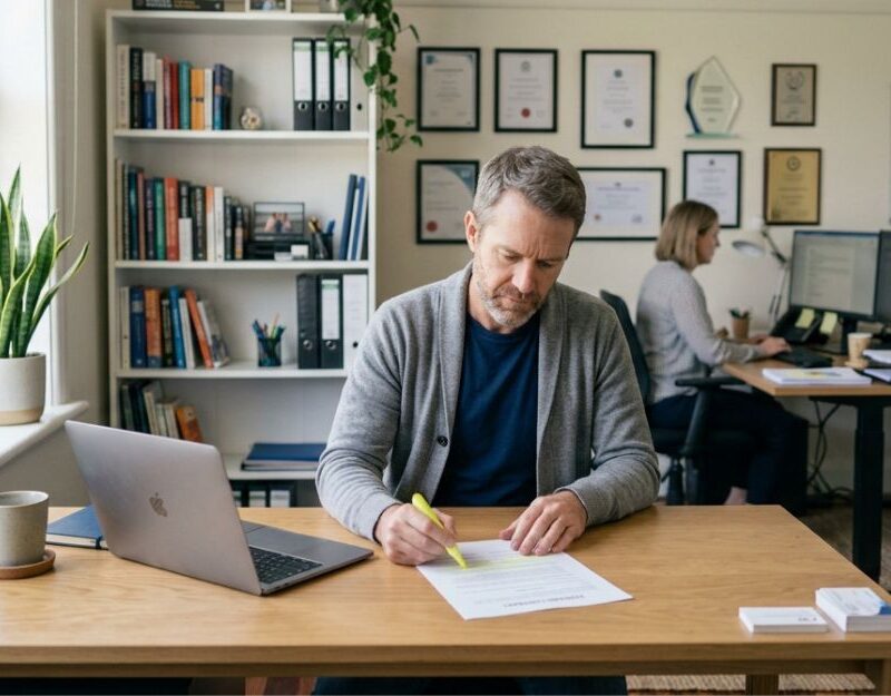 Small business owner reviewing his standard contract template, illustrating the need to check for unfair contract terms in Queensland