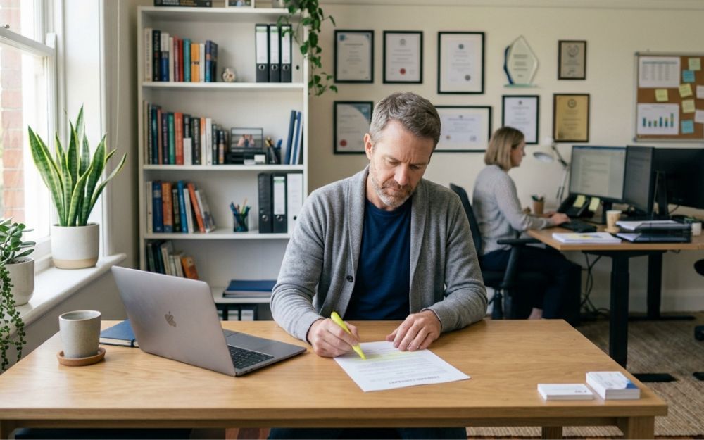 Small business owner reviewing his standard contract template, illustrating the need to check for unfair contract terms in Queensland
